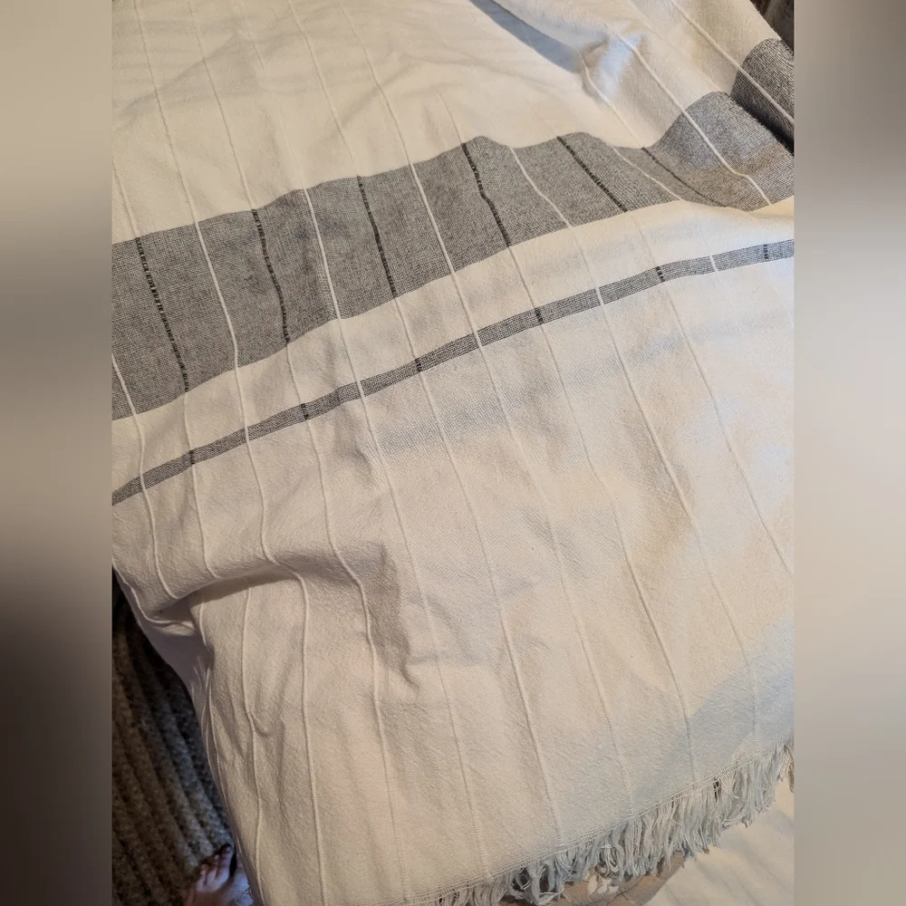 Hearth & Hand Magnolia Sour Cream Black Stripe Throw Blanket Fringed Nwot
